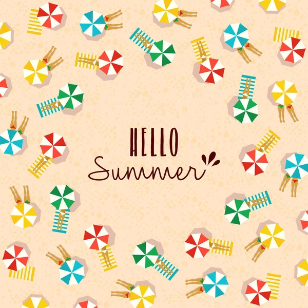 快乐夏日贺卡设计 海滩假期例证与人在太阳伞之下 Eps10 — 图库矢量图片