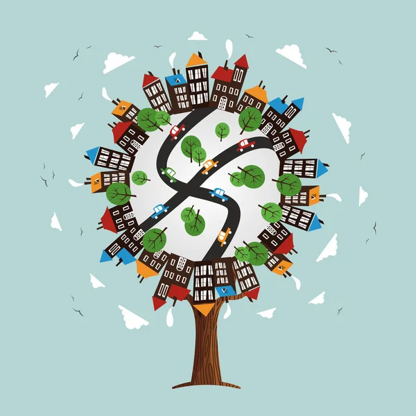 Δέντρο Κόσμο Τοπίο Της Πόλης Εικονογράφηση Έννοια Περιλαμβάνει Αυτοκίνητα Κατοικίες — Διανυσματικό Αρχείο