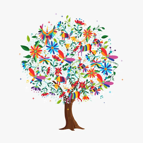 Цветочное Дерево Выполненное Красочных Икон Цветов Животных Традиционном Мексиканском Стиле — стоковый вектор