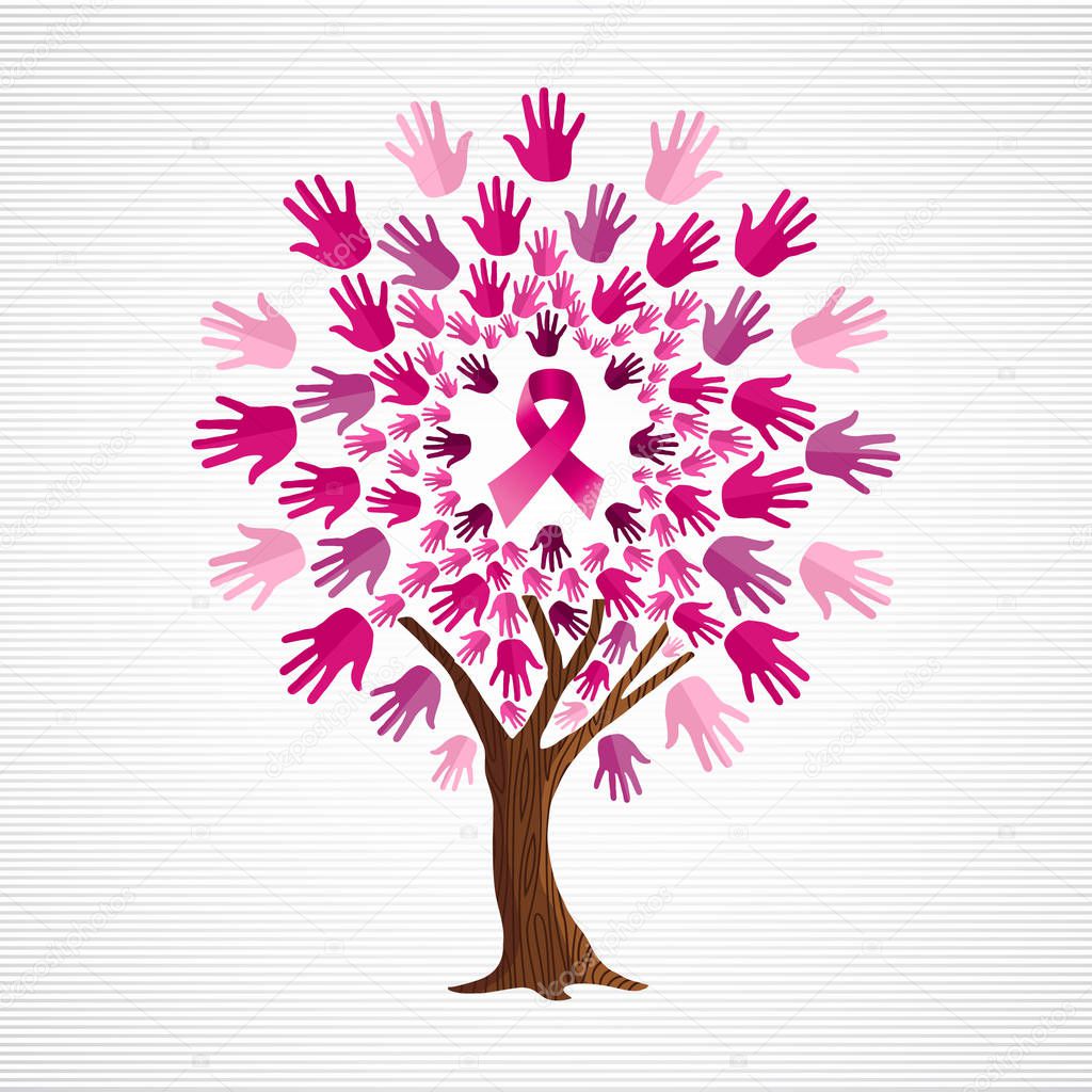 Breast cancer awareness month concept illustration for support. Tree made of pink campaign ribbons and human hands. EPS10 vector