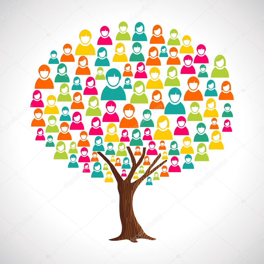 Tree made of diverse people silhouettes. Concept illustration for community help, teamwork project or culture diversity. EPS10 vector.