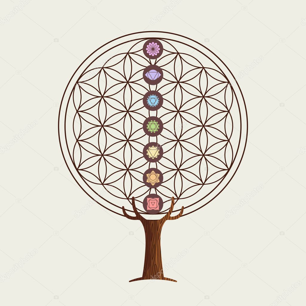 Yoga tree concept illustration. Flower of life with chakra decoration for relaxation and meditation. EPS10 vector.
