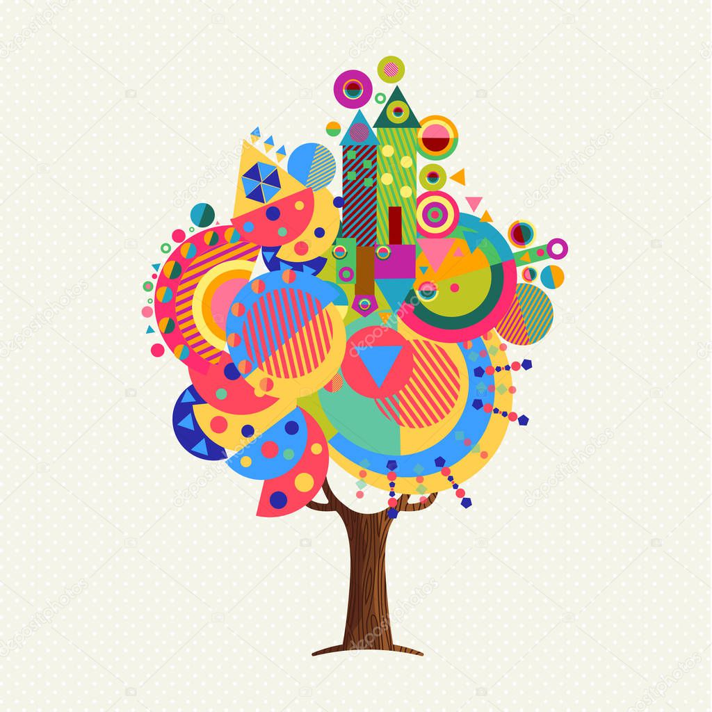 Tree made of colorful abstract shapes. Vibrant color geometric icons and symbols for fun conceptual idea. EPS10 vector.