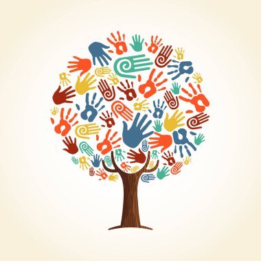 Ağaç dallarında renkli insan eli yapılmış. Topluluk yardım kavramı, çeşitli kültür grubu veya sosyal proje. Eps10 vektör.