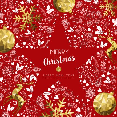 Yeni yıl metin teklif ve altın lüks dekorasyon düşük poli tarzı ile neşeli Noel tebrik kartı. Geyik, Noel biblo topu, kar tanesi içerir. Eps10 vektör.