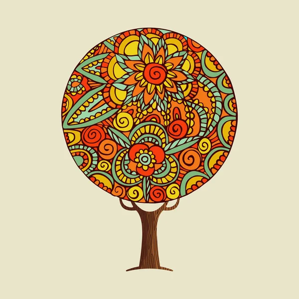 Tree Illustration Colorful Mandala Design Hand Drawn Floral Decoration Traditional — Stock Vector