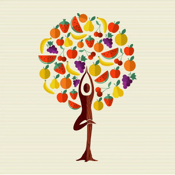 Baum Aus Früchten Mit Frau Yoga Pose Konzept Für Gesunde — Stockvektor