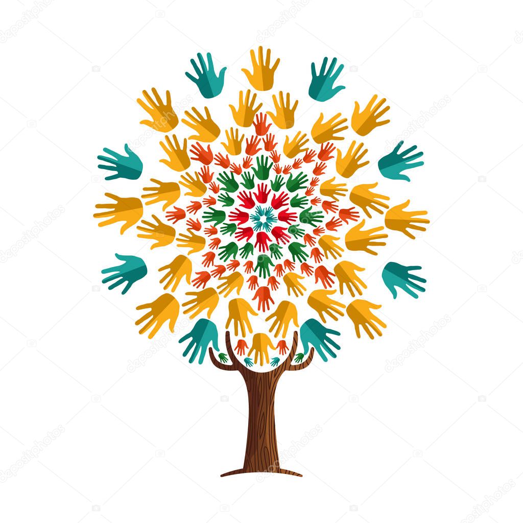 Tree made of colorful human hands in branches. Community help concept, diverse culture group or social project. EPS10 vector.