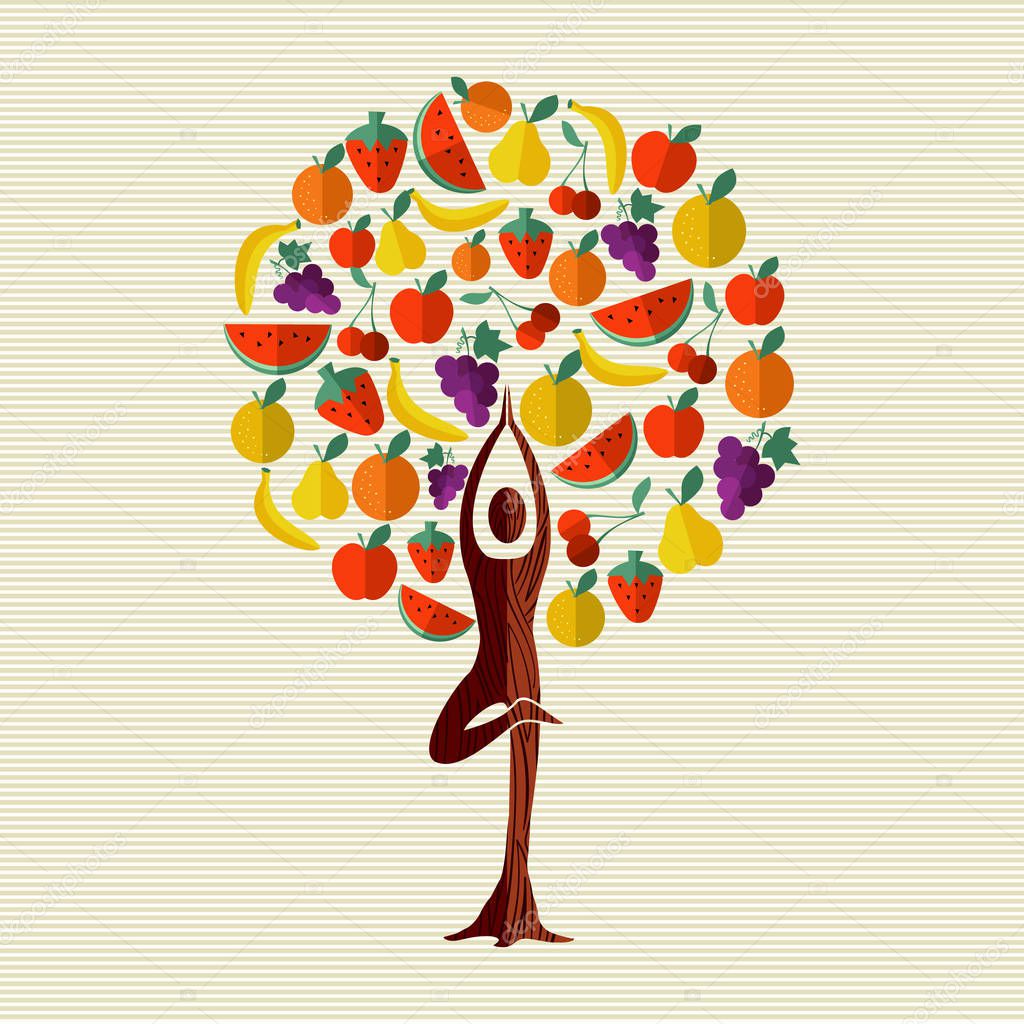 Tree made of fruit with woman doing yoga pose. Healthy eating and diet concept. Includes watermelon, apple, orange, banana. EPS10 vector.