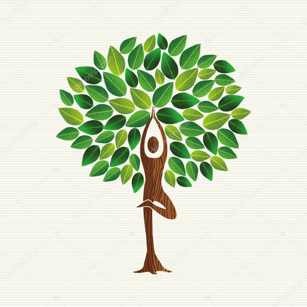 Yoga concept illustration. Woman meditating in tree pose with green leaves decoration doing relaxation exercise. EPS10 vector.