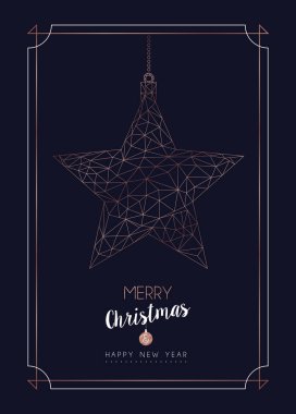 Neşeli Noel ve mutlu yeni yıl tebrik kartı ile lüks yıldız süs soyut geometrik çizgi stili, bakır rengi tatil poster resimde. Eps10 vektör.