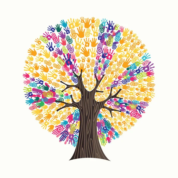 Солнечные Лучи Деревьев Разноцветных Человеческих Рук Ветвях Общественные Люди Помогают — стоковый вектор
