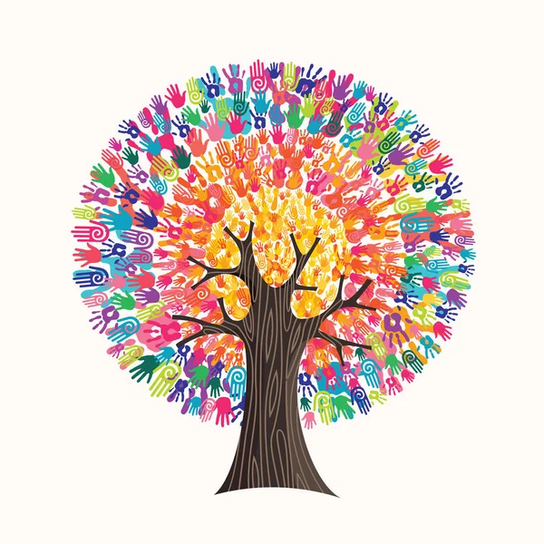 Árbol Hecho Manos Humanas Coloridas Ramas Crea Sol Colores Vibrantes — Vector de stock