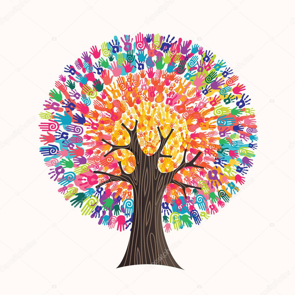 Tree made of colorful human hands in branches creates a vibrant colors sun. Community help concept, diverse culture group or social project. EPS10 vector.