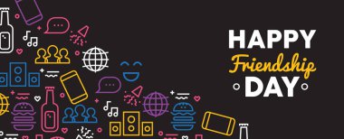 Mutlu dostluk günü web banner Gösterim, eğlenceli parti simgeleri anahat. Renkli sosyal simgeler eklemek telefon sohbet, online arkadaş ağ ve müzik dekorasyon. Eps10 vektör.