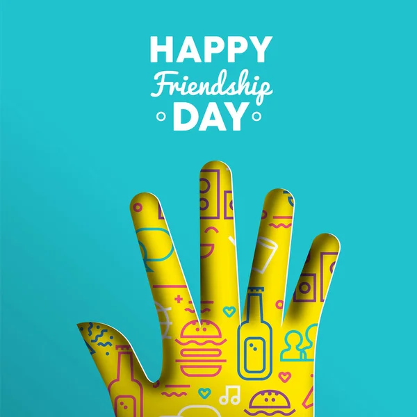 Boldog Barátság Napja Üdvözlőlap Illusztrációja Papír Vágott Kéz Alakú Színes — Stock Vector