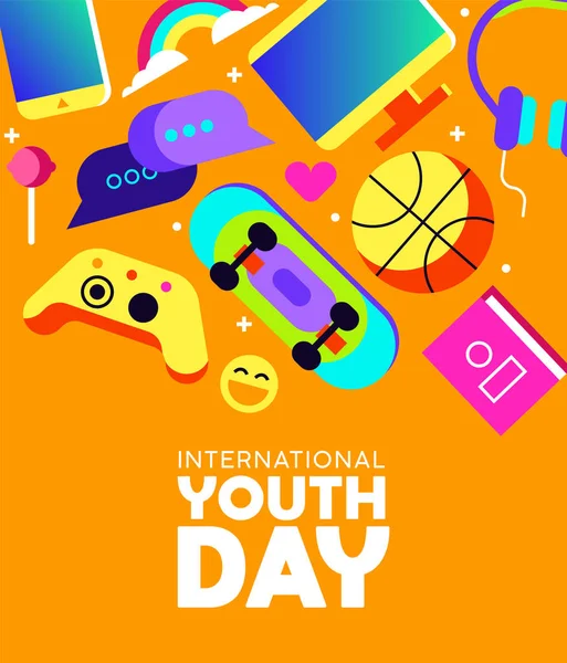 Διεθνής Ημέρα Νεολαίας Ευχετήρια Κάρτα Πολύχρωμα Μοντέρνα Έφηβος Αναψυχής Δραστηριότητα — Διανυσματικό Αρχείο