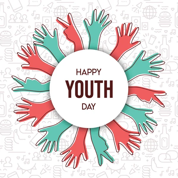 Feliz Dia Juventude Ilustração Cartão Saudação Diversas Mãos Grupo Estilo — Vetor de Stock