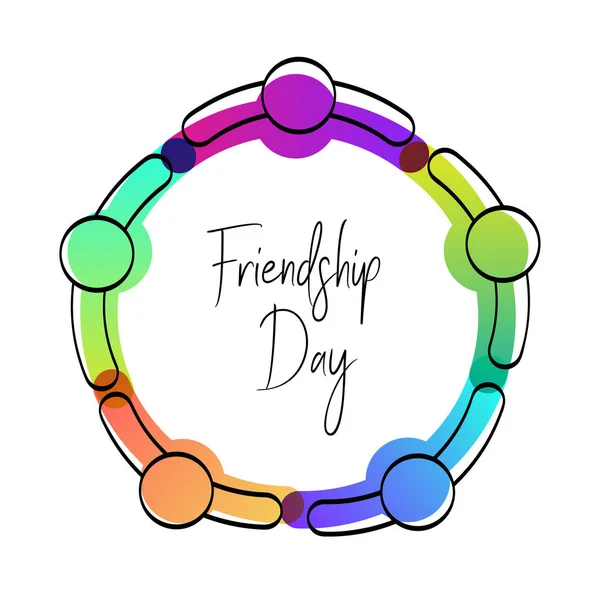 Поздравительная Открытка День Дружбы Друзья Делают Групповые Объятия Верхнего Угла — стоковый вектор