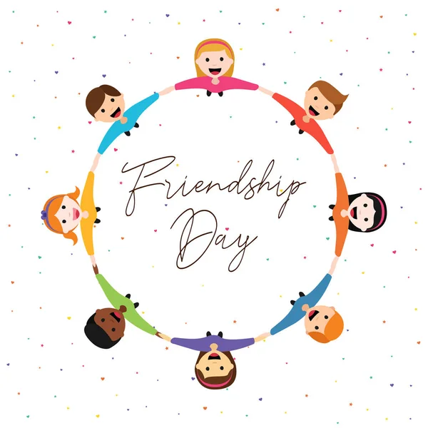 Happy Friendship Day Biglietto Auguri Illustrazione Diversi Bambini Cerchio Gruppo — Vettoriale Stock