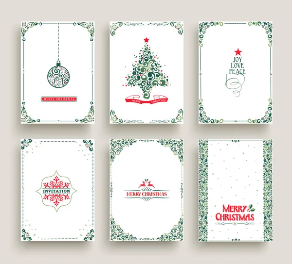 Merry Christmas Set Vintage Holiday Greeting Card Templates Retro Style — Stock Vector