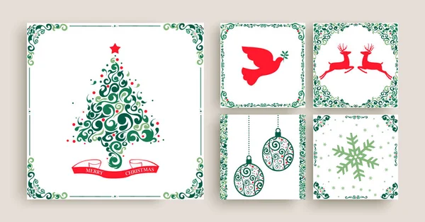 Merry Christmas Set Vintage Holiday Greeting Card Templates Retro Style — Stock Vector