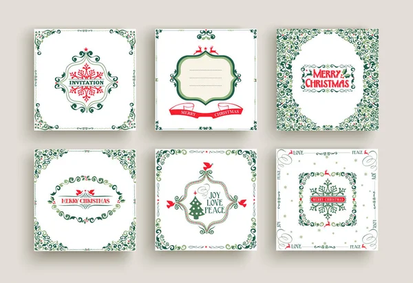 Merry Christmas Greeting Card Set Vintage Ornamental Style Retro Holiday — Stock Vector