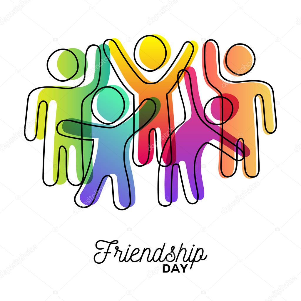 Happy Friendship Day greeting card. Colorful diverse friend group dancing for special event celebration in simple stick figure art style with vibrant colors. EPS10 vector.