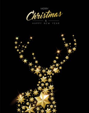 Mutlu Noeller ve mutlu yeni yıl altın geyiği siluet gerçekçi bir altın yıldız yaptı. Tatil kartı veya zarif daveti için idealdir. Eps10 vektör