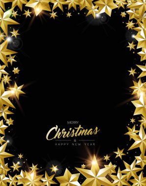 Neşeli Noel, yeni yıl tebrik kartı gerçekçi altın yıldızlar ve zarif kopya alanı çerçeve hale glitter ile. Tatil kutlaması için lüks altın dekorasyon. Eps10 vektör.