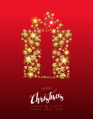 Mutlu Noeller ve mutlu yeni yıl altın hediye kutusu gerçekçi bir altın yıldız yaptı. Tatil kartı veya zarif daveti için idealdir. Eps10 vektör