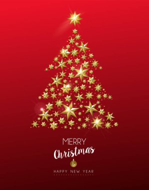 Mutlu Noeller ve mutlu yeni yıl zarif tebrik kartı xmas çam ağacı çizim ile altın yıldız yaptı. Lüks tatil parti tasarımı. Eps10 vektör.