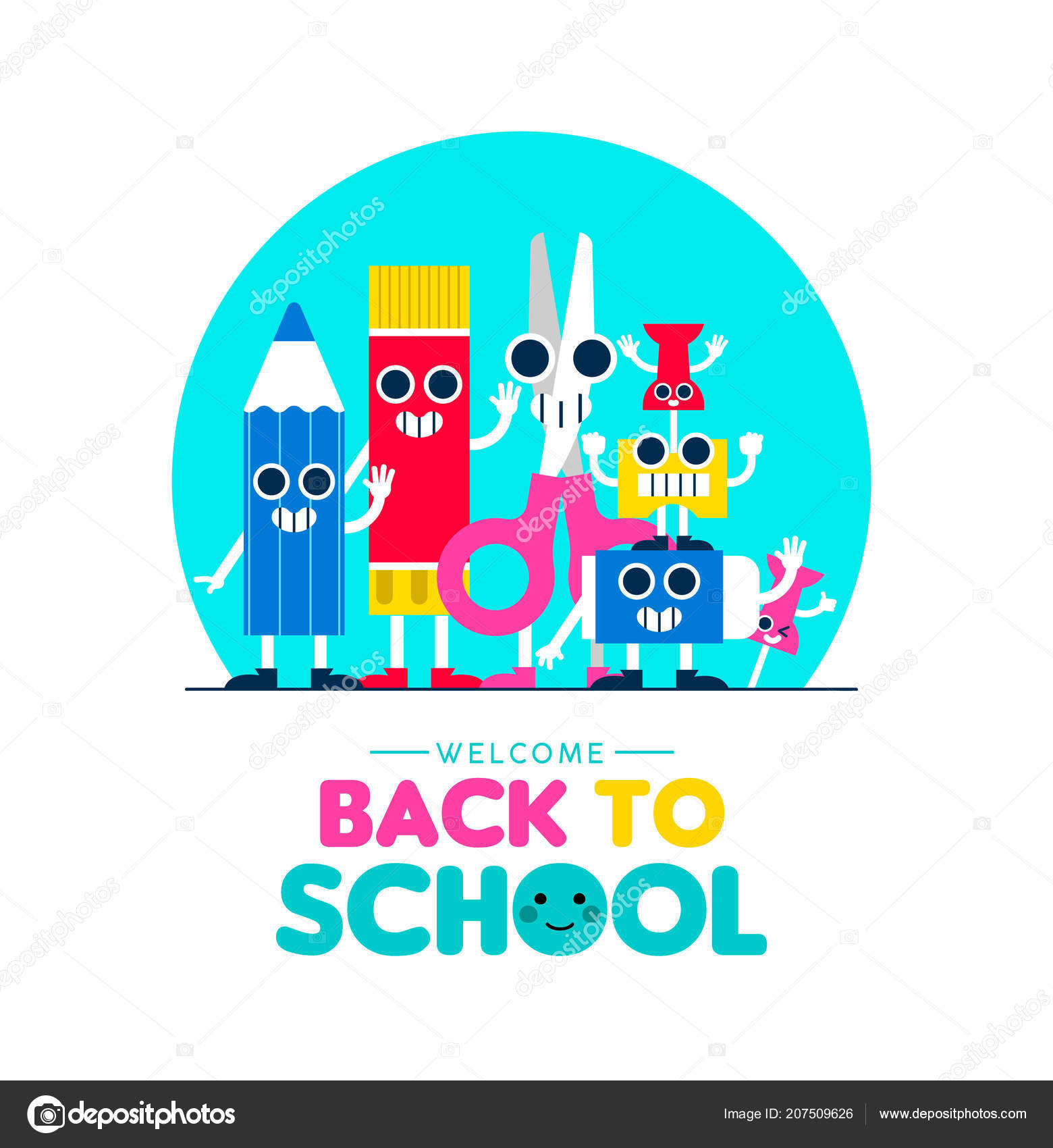 Welcome Back School Illustration Happy Art Supplies Friends Waving