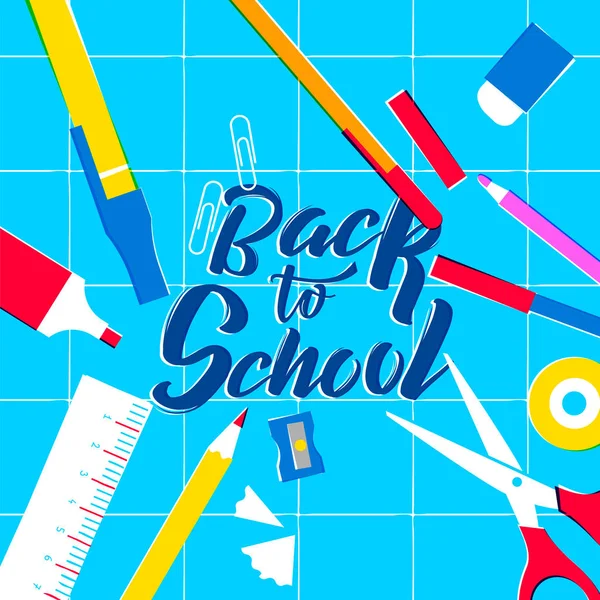 Back School Illustration Colorful Classroom Supplies Study Table Includes Pencil — Stock Vector