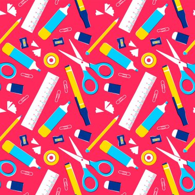 Okul malzemeleri Dikişsiz desen, renkli sınıf ekipman arka plan veya ofis alanı araçları. Kalem, cetvel, silgi, ataş ve daha fazlasını içerir. Eps10 vektör.