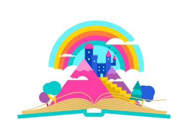 Sihirli peri masalı İngiltere peyzaj, çocukların hayal gücü ve okuma kavramı ile açık kitap Illustration. Kale kule gökkuşağı gökyüzü, renkli fantezi dünya tasarım dağda. Eps10 vektör.