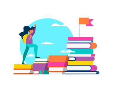 Mutlu kız öğrenci çalışma kitapları okul meydan, başarı kavramı öğrenme için dağını tırmanma. Canlı düz renkler eğitim izole. Eps10 vektör.