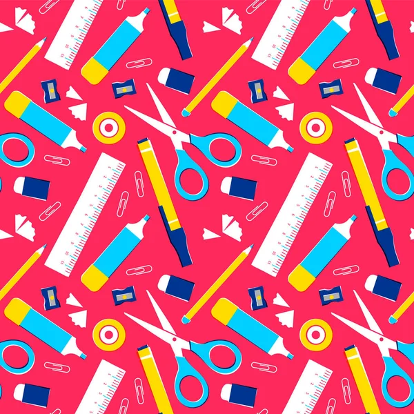 School Supplies Seamless Pattern Colorful Classroom Equipment Background Office Space — Stock Vector