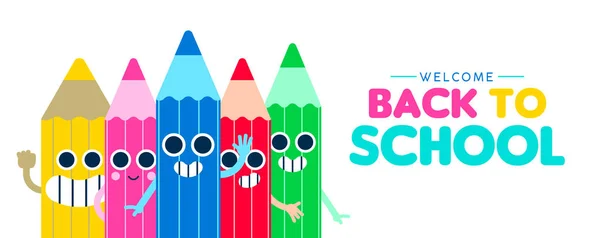 Welcome Back School Web Banner Illustration Happy Color Pencil Cartoons — стоковый вектор