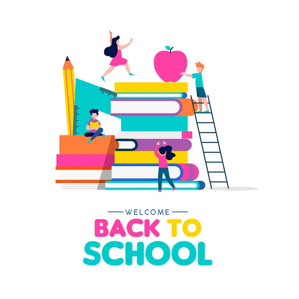 Welcome Back School Illustration Concept Children Playing Book Pile Pencil — Stock Vector