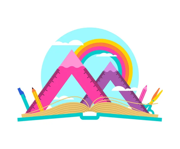 山の風景と開いた本はチーム定規と鉛筆から成っています 数学幾何学対象機器学校学習概念のための虹の空に Eps10 ベクトル — ストックベクタ