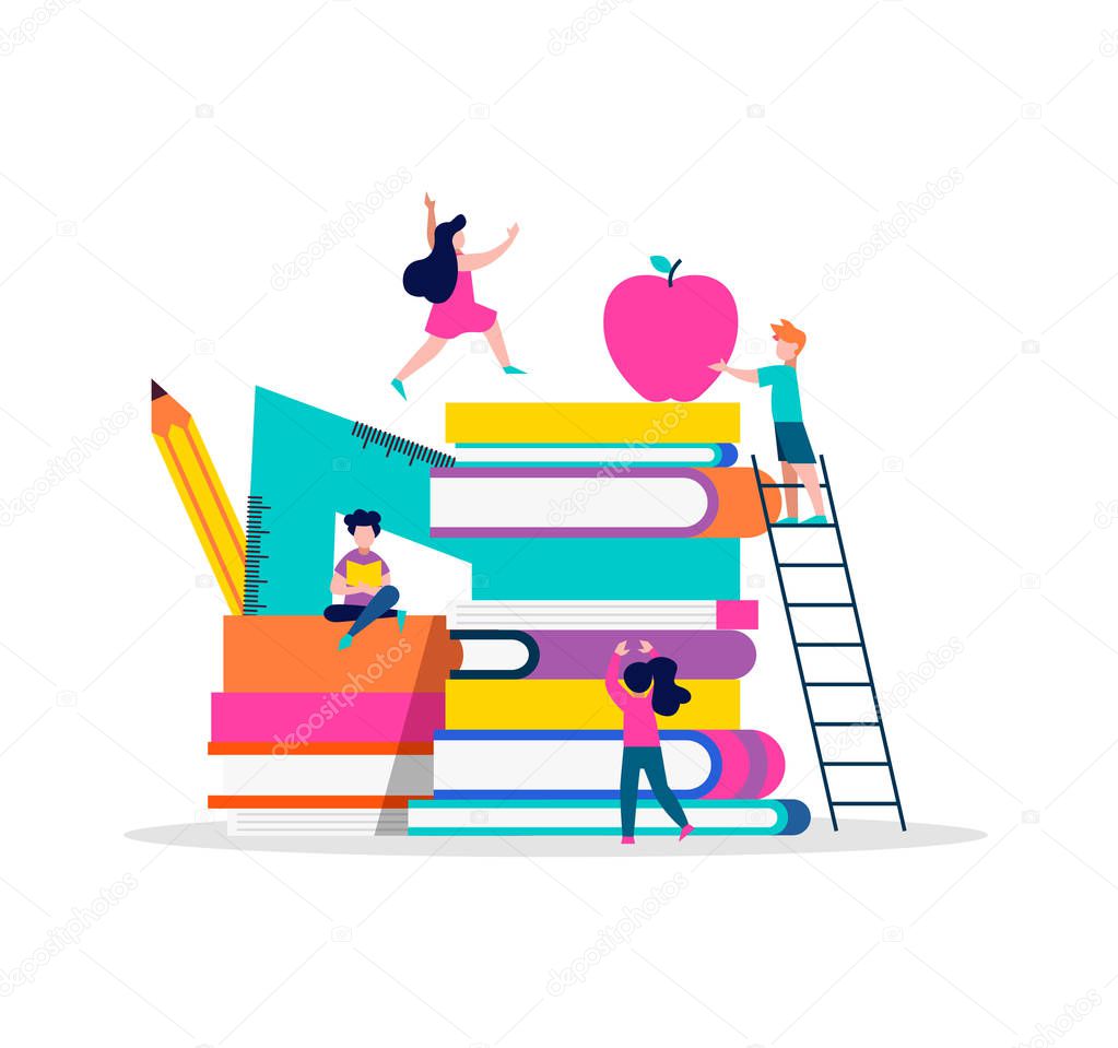 School illustration concept, children playing around book pile with pencil, ruler and apple. Fun social kid education design in colorful style. EPS10 vector.