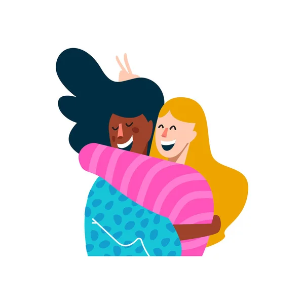 两个女孩的朋友拥抱和微笑在一起 不同的快乐朋友插图在孤立的背景 Eps10 — 图库矢量图片