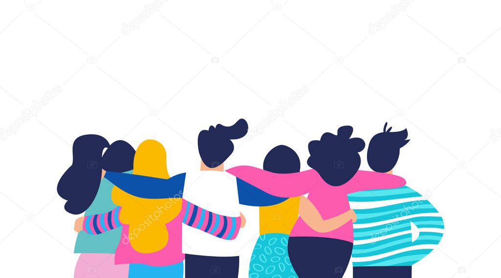 Diverse friend group of people hugging together for special event celebration. Girls and boys team hug on isolated background with copy space. EPS10 vector.