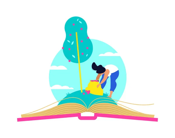 Женщина Собирает Фрукты Открытой Книги Читает Образование Детей Взрослых Знания — стоковый вектор