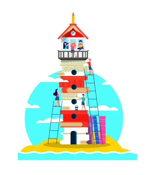 Strand Vuurtoren Toren Gemaakt Van Kinderen Boeken Geïsoleerde Witte Achtergrond — Stockvector