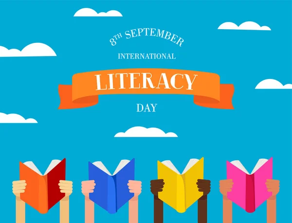 Διεθνής Ημέρα Αλφαβητισμού Εικονογράφηση Χέρια Παιδιών Βιβλία Εκπαίδευσης Και Κείμενο — Διανυσματικό Αρχείο