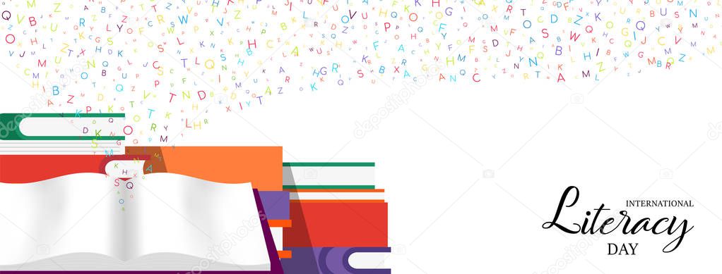 World Literacy Day web banner illustration of colorful school books for children education and alphabet letters. EPS10 vector.