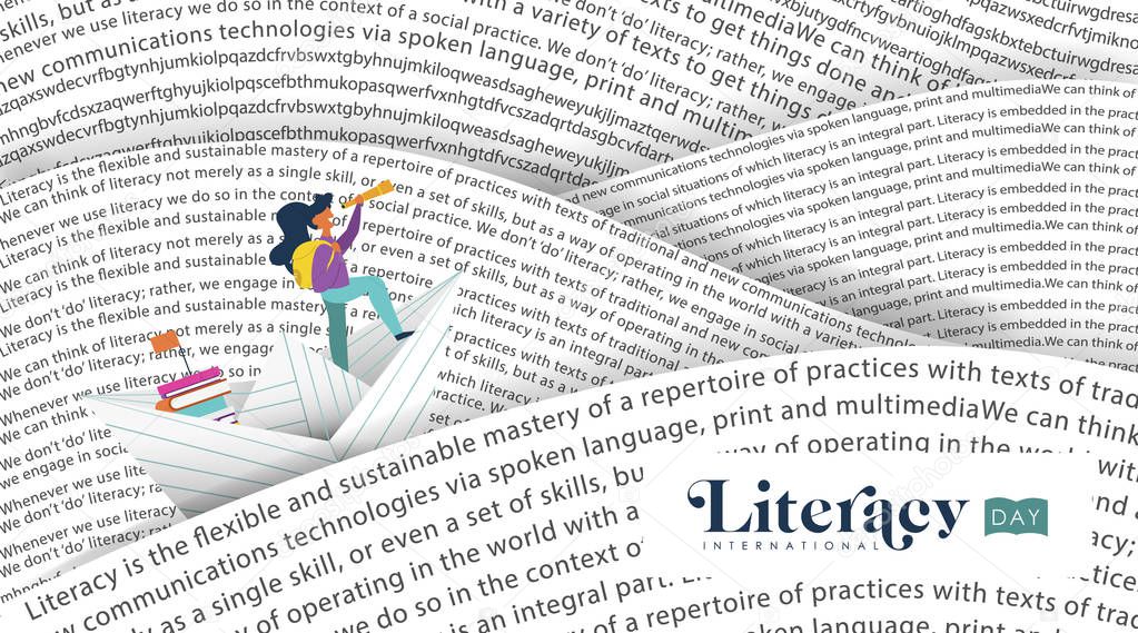 International Literacy Day banner illustration, girl sailing paper boat in sea of words. Education concept for children reading. EPS10 vector.