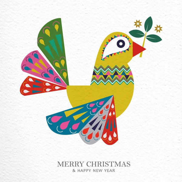 圣诞快乐新年民俗艺术贺卡插图 斯堪的纳维亚风格的鸽子鸟与传统的几何形状在节日的颜色 Eps10 — 图库矢量图片